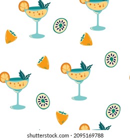 Cocktail seamless pattern. Summer background with cocktail with orange slice. Refreshing drink. Organic fresh fruits. For cafes, restaurant, menus and parties, textile. Cartoon vector illustration