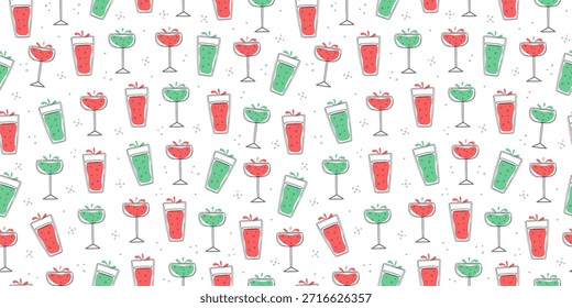 Cóctel, patrón sin fisuras. Copas de vino. Bebidas frías mixtas multicolores. Alcohol, limonada. Iconos de línea simples. Boceto, garabato. Dibujado a mano. Repitiendo antecedentes.