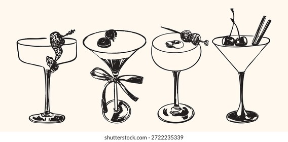 Conjunto de cócteles con adorno de cereza y frambuesa con refrescantes bebidas afrutadas. Bebidas elegantes para menús de bar, fiestas, celebraciones, restaurantes, vida nocturna y presentaciones de bebidas con estilo.