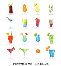 Cocktail set. Collection of alcohol drink in glass. Margarita and cosmopolitan. mojito. Tropical summer beverage. Vector illustration in cartoon style