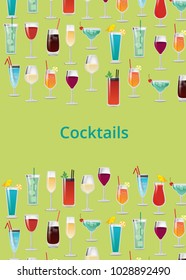 Cocktail set color poster vector illustration with bloody Mary, mojito and gin, Margarita blue lagoon and other drinks isolated on bright background