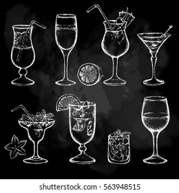 Cocktail set. Design elements for the graphic design of the menu bars, restaurants, invitations, announcements. Chalkboard background.