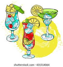 Cocktail set. Drink, ice cubes, fruit and berries. Isolated vector object. Spray, blot and drops.