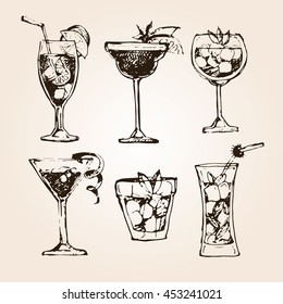 Cocktail set. Elements for the graphic design of the menu bars, restaurants, invitations, announcements. Hand drawn sketch set of alcoholic cocktails. Vintage vector illustration 