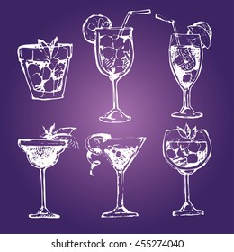 Cocktail set. Elements for the graphic design of the menu bars, restaurants, invitations, announcements. Hand drawn sketch set of alcoholic cocktails. Vintage vector illustration 