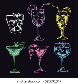 Cocktail set. Elements for the graphic design of the menu bars, restaurants, invitations, announcements. Hand drawn sketch set of alcoholic cocktails. Vintage vector illustration 