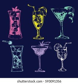 Cocktail set. Elements for the graphic design of the menu bars, restaurants, invitations, announcements. Hand drawn sketch set of alcoholic cocktails. Vintage vector illustration 