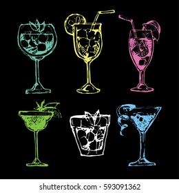 Cocktail set. Elements for the graphic design of the menu bars, restaurants, invitations, announcements. Hand drawn sketch set of alcoholic cocktails. Vintage vector illustration 