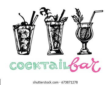 Cocktail set. Elements for the graphic design of the menu bars, restaurants, invitations, announcements. Hand drawn sketch set of alcoholic cocktails. Vintage vector illustration 