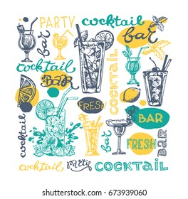 Cocktail set. Elements for the graphic design of the menu bars, restaurants, invitations, announcements. Hand drawn sketch set of alcoholic cocktails. Vintage vector illustration