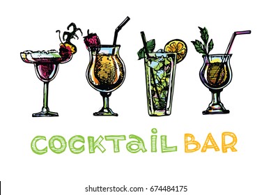 Cocktail set. Elements for the graphic design of the menu bars, restaurants, invitations, announcements. Hand drawn sketch set of alcoholic cocktails. Vintage vector illustration 