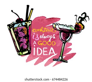 Cocktail set. Elements for the graphic design of the menu bars, restaurants, invitations, announcements. Hand drawn sketch set of alcoholic cocktails. Cocktail is always a good idea.