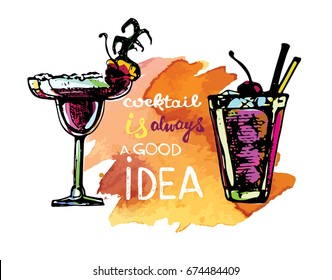 Cocktail set. Elements for the graphic design of the menu bars, restaurants, invitations, announcements. Hand drawn sketch set of alcoholic cocktails. Cocktail is always a good idea.