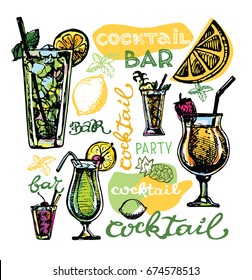 Cocktail set. Elements for the graphic design of the menu bars, restaurants, invitations, announcements. Hand drawn sketch set of alcoholic cocktails. Vintage vector illustration