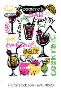 Cocktail set. Elements for the graphic design of the menu bars, restaurants, invitations, announcements. Hand drawn sketch set of alcoholic cocktails. Vintage vector illustration