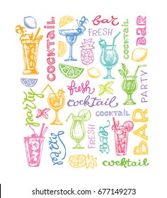 Cocktail set. Elements for the graphic design of the menu bars, restaurants, invitations, announcements. Hand drawn sketch set of alcoholic cocktails. Vintage vector illustration