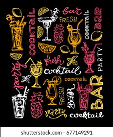 Cocktail set. Elements for the graphic design of the menu bars, restaurants, invitations, announcements. Hand drawn sketch set of alcoholic cocktails. Vintage vector illustration