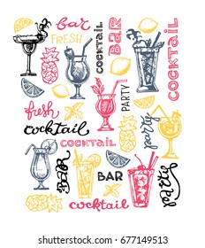 Cocktail set. Elements for the graphic design of the menu bars, restaurants, invitations, announcements. Hand drawn sketch set of alcoholic cocktails. Vintage vector illustration