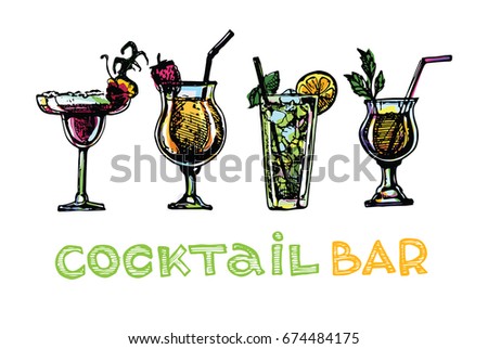 Cocktail set. Elements for the graphic design of the menu bars, restaurants, invitations, announcements. Hand drawn sketch set of alcoholic cocktails. Vintage vector illustration 