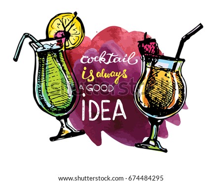 Cocktail set. Elements for the graphic design of the menu bars, restaurants, invitations, announcements. Hand drawn sketch set of alcoholic cocktails. Cocktail is always a good idea.
