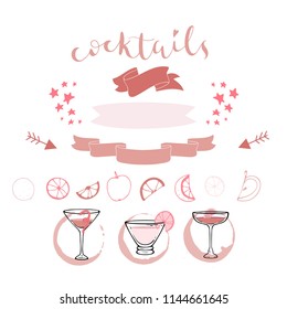 Cocktail set elements and lettering. Handdrawn style. Isolated decorative elements made in vector. Collection of objects, lettering and decor