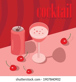 Cocktail set. Flat design illustration. Isolated vector cocktail glass and cherry . Trendy hand-drawn illustration for banner, greeting card and stationery design