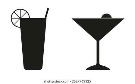 Cocktail set, cocktail icons in silhouette style. Drinks in glasses. Vector illustration EPS10