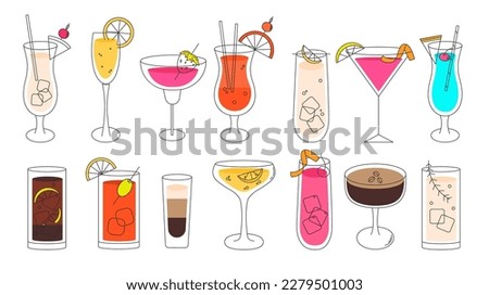 Cocktail set in a minimal vector thin line illustration. Cosmopolitan, Gin and Tonic, Sex on the beach, Mojito, Martini, Mimosa, Pina Colada, Tequila Sunrise, Blue Hawaii and Bloody Merry.