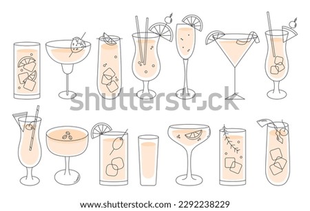 Cocktail set in a minimal vector thin line illustration. Cosmopolitan, Gin and Tonic, Sex on the beach, Mojito, Martini, Mimosa, Pina Colada, Tequila Sunrise, Blue Hawaii and Bloody Merry.