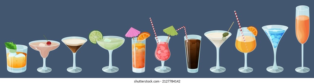 Cocktail set on a blue background.Alcoholic beverages in glasses and glasses.Daiquiri, martini, margarita, cosmopolitan, Long Island, blue lagoon and Pina colada.Vector illustration.