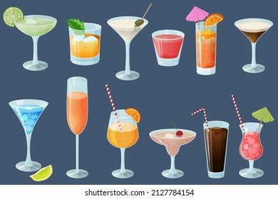 Cocktail set on a blue background.Alcoholic beverages in glasses and glasses.Daiquiri, martini, margarita, cosmopolitan, Long Island, blue lagoon and Pina colada.Vector illustration.