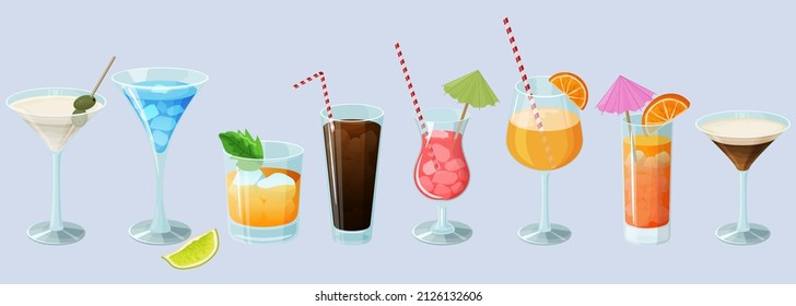 Cocktail set on a light blue background.Alcoholic beverages in glasses and glasses.Daiquiri, martini, margarita, cosmopolitan, Long Island, blue lagoon and Pina colada.Vector illustration.