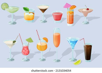 Cocktail set on a light blue background.Alcoholic beverages in glasses and glasses.Daiquiri, martini, margarita, cosmopolitan, Long Island, blue lagoon and Pina colada.Vector illustration.