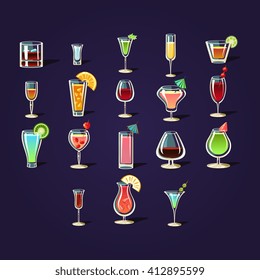 Cocktail Set Of Outlined Flat Vector Stickers In Cartoon Design Isolated On Dark Background