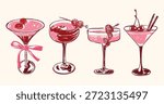 Cocktail set with raspberry and cherries garnish featuring red and pink drinks in elegant glasses. Perfect for bar menus, parties, celebrations, restaurants, nightlife visuals, and stylish beverage presentations.