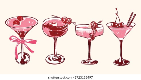 Conjunto de cócteles con adorno de frambuesas y cerezas con bebidas rojas y rosadas en copas elegantes. Perfecto para menús de bar, fiestas, celebraciones, restaurantes, imágenes de la vida nocturna y presentaciones de bebidas con estilo.