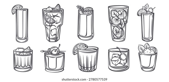 Cocktail set with screwdriver, mojito, gin tonic, whiskey cocktail, negroni, long island iced tea and aperitif drinks. Monochrome outline drink card layout with cocktail set, vector illustration