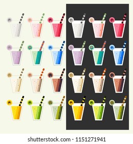 Cocktail set (smoothies). Twelve glass tumblers with different colors and tubules inside. Twelve clear glasses and twelve white glasses on the dark background. 