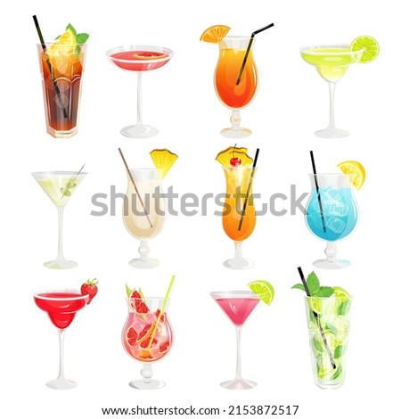 Cocktail set. Summer alcoholic drinks Daiquiri, Cosmopolitan, Long Island, Martini, Sex on the beach, Margarita, Pina Colada, Blue Lagoon, Muay Thai, etc. Vector illustration.