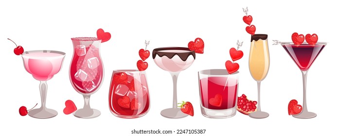 Cocktail set for Valentine's Day, Mother's Day, Women's Day.Cocktails with strawberries, marmalade, raspberries.Vector illustration.