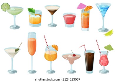 Cocktail set.Alcoholic beverages in glasses and glasses.Daiquiri, martini, margarita, cosmopolitan, Long Island, blue lagoon and Pina colada.Vector illustration.