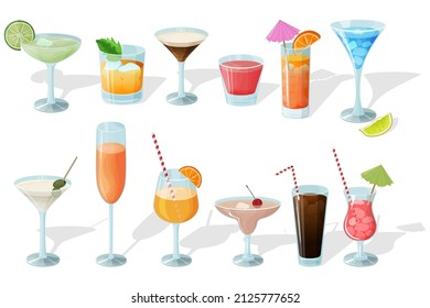 Cocktail set.Alcoholic beverages in glasses and glasses.Daiquiri, martini, margarita, cosmopolitan, Long Island, blue lagoon and Pina colada.Vector illustration.