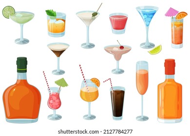 Cocktail set.Alcoholic beverages in glasses and glasses.Daiquiri, martini, margarita, cosmopolitan, Long Island, blue lagoon and Pina colada.Vector illustration.