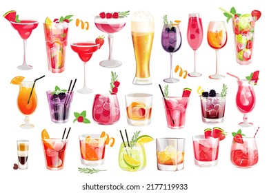 Cocktail set.Classic alcoholic beverages.Cocktails with strawberries and blackberries, margarita, Old fashion, American, Bi-52, cocktails with watermelon, a glass of beer, whiskey, Clover club.