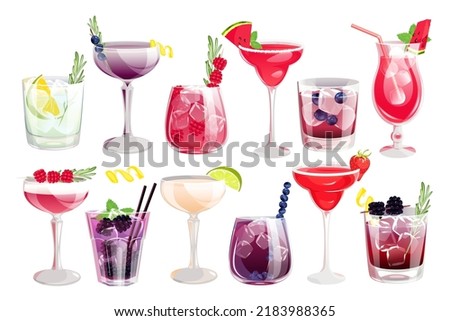 Cocktail set.Summer drinks.Blackberry, strawberry, raspberry, blueberry cocktails in different glasses.Gin and tonic, clover club, classic Hemingway cocktail.