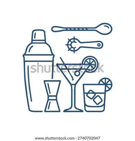 Cocktail shaker with bar spoon and jigger line icon. Bartender mixology equipment vector illustration isolated on white background.
