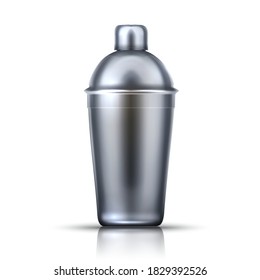 Cocktail Shaker Metal Material Barmen Tool Vector. Shaker Bar Equipment For Prepare And Shake Alcoholic Or Delicious Drinks. Container Beverage Ingredients Mixer Template Realistic 3d Illustration