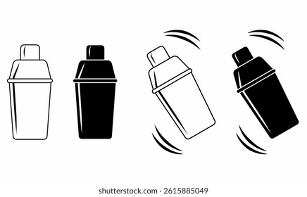 Cocktail shaker vector icons in outline,silhouette and solid style with shaking motion. Perfect for bar, mixology, party, and drink-related designs.