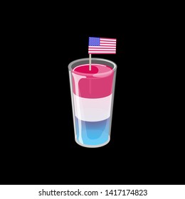 Cocktail shot glass of three layered jelly with american flag isolated on black background.