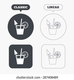 Cocktail sign. Alcoholic drink symbol. Classic and line web buttons. Circles and squares. Vector